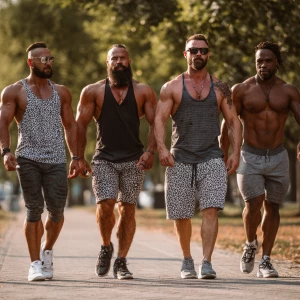 Four bodybuilder muscle, bearded, men walking in the park with j...