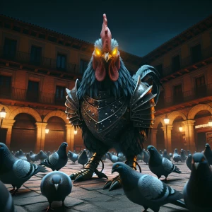 Generate an image of a menacing, demonic Rooster with glowing ey...