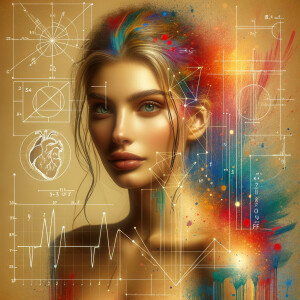 Abstract, minimalist, art cardiogram, charts complex, mathematical formulas, spontaneous lines, and paint marks, paint in hair, golden ratio