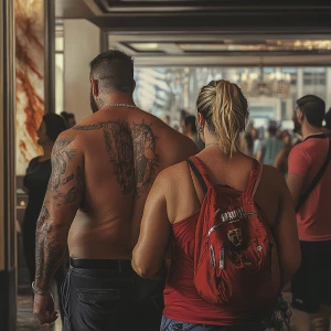 Hyperrealism.A sweaty  man walking with his mother in law with n...