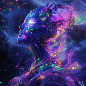 Futuristic female figure adorned with glowing, space-inspired pa...