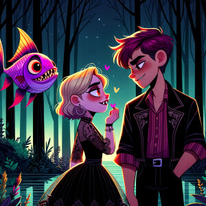 Cute giant purple and neon green piranha
