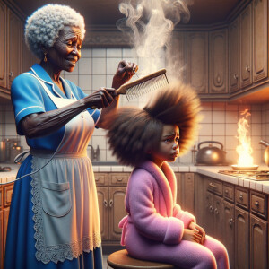 Create a realistic 3-D image of an african-American grandmother wearing a blue house dress and a white apron . She is in the kitchen with her african-American granddaughter. Her granddaughter is wearing a pink bath robe. The grandmother has a hot comb in her hand and she is straightening her granddaughters hair. One side of her granddaughters hair is in  a Afro the other straight 
There is smoke coming from the hot comb
The granddaughter is making a face