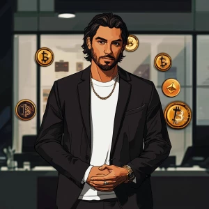 A character stands in a room presenting cryptocurrency to bored...
