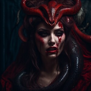 A regal vampire queen with pale, decayed skin and menacing red e...