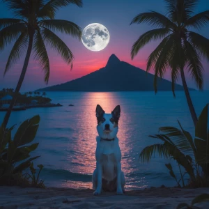 Nigth with white aplázcase dog. With moon and color full place t...