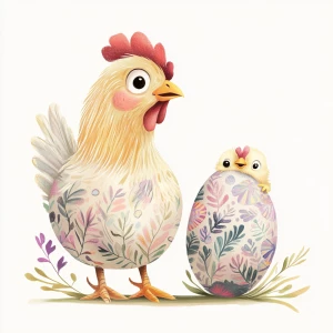 A chicken sitting on an Easter egg, she is looking sideways at t...