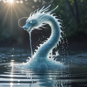 "Amidst the calm, mirror-like surface of a secluded pond, water...