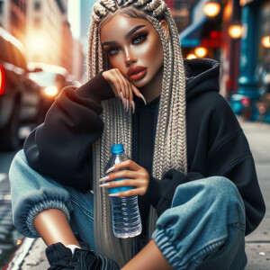 Street art style tan skin tone woman sitting on the sidewalk dri...