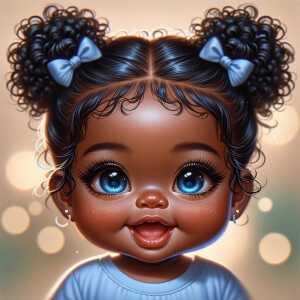 ultra realistic Chibi Style oil painting of Med olive skin  cute African-American American baby girl with deep deep dimples on both checks smiling huge, blue eyes, wearing a blue onesie two curly black pigtails with blue
 ribbons. crystal blue eyes. up-close view bokeh background

S/O Genae Kulah