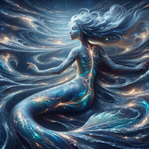 A shimmering ethereal mermaid, her skin adorned with glowing pat...