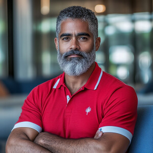 The image shows man white a bearded black, gray haired muscular...