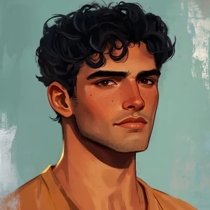 Well done handsome man with black curly hair, short hair, thick...