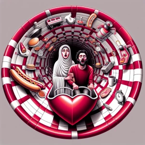 A creepy long tunnel of love. A couple is floating in water in a...