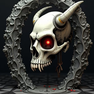 A biomechanical skull with a scythe-like horn curving forward, g...