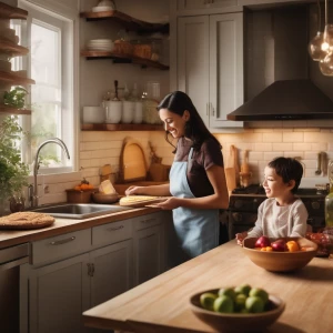 A small kitchen where a parent and child are baking together, their faces lit by the warm glow of an oven. The countertop is covered with ingredients, and the scene feels cozy and intimate, capturing the joy of an ordinary day.