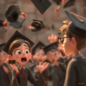 A 3d realistic image of a graduation with a girl accidentally po...