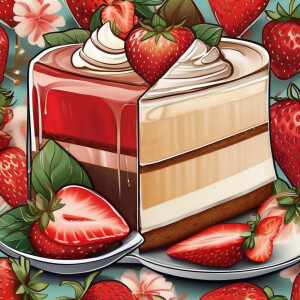 Create a glass deco illustration of cheesecake strawberry and iced coffee