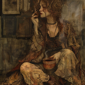 A captivating grunge-style illustration of a fashion model seate...