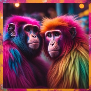 two colourfull monkeys, unicorn colour, cute scene