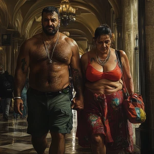 Photorealism,A sweaty beefy man walking with his 54 year old kas...
