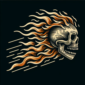 Flaming skull  racing in the sky towards the ground  in an  old...