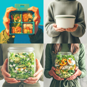 a person holding a plastic container with food inside of it, a s...