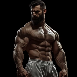 The image features a muscular, bearded man with a strong, well-d...