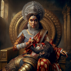 portrait of angry looking goddess durga, sitting on a gold crown...