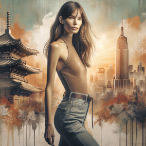 Athletic Thin skinny Attractive, Asian teenage girl, long brown hair and bangs, wearing tight skinny jeans and a halter top paint marks on her clothing, heroic pose Asian graffiti background,  backside view