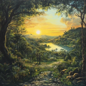 Garden of Eden. vast landscape. evening time. sunshine. warm col...