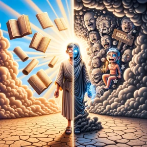 A cartoon of two characters: one surrounded by glowing light and...