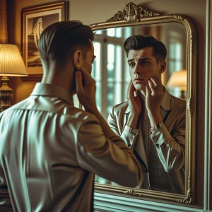 Create an image of a narcissistic man excessively grooming himse...