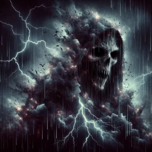 Double exposure horror thunderstorm heavy rain drops entity