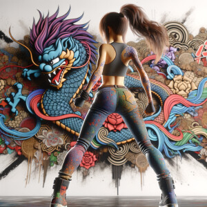 Athletic Thin skinny Attractive, Asian teenage girl, long brown hair and bangs, wearing tight skinny jeans and a halter top paint marks on her clothing, heroic pose Asian graffiti background, backside view