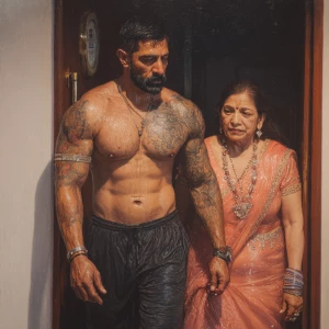 Hyperrealism oil painting.a gujarati muscular beefy bearded tatt...