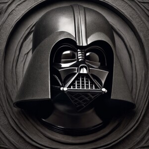 Head portrait of Darth Vader looking at the camera against a neu...