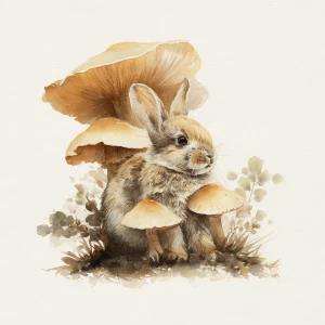 Rabbit under mushroom, watercolor, earth tones, white background