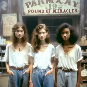 Create a color film photograph from 1962 of three beautiful, ext...