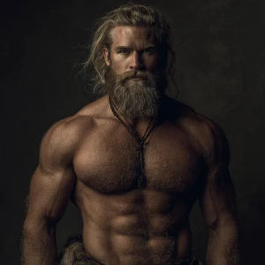 Create an image of a muscular man with a Viking aesthetic. He ha...