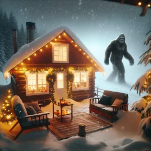 A warm christmas scene with a warm cabin decorated with christma...