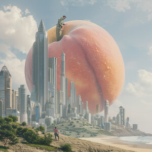 generate a surrealist image of a larger than life peach placed o...
