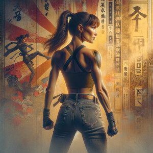 Athletic Thin skinny Attractive, Asian teenage girl, long brown hair and bangs, wearing tight skinny jeans and a halter top paint marks on her clothing, heroic pose Asian graffiti background, backside view