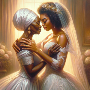 Imagine a hyper-realistic oil painting that captures a tender moment between theAfrican American bride and her God. The setting is intimate and filled with soft, warm lighting that enhances the emotional depth of the scene. The bride, in herexquisite wedding gown, shares a heartfelt embrace with her african-American Lord Jesus , who is dressedin an elegant outfit that complements the wedding's color scheme. Their expressions are full of love, pride, and joy, reflecting the special bond between them. Theattention to detail is paramount, from the intricate designs of their dresses to the subtle emotions conveyed in their facial expressions. The background is a blur ofgentle pastel hues, ensuring that the focus remains on this touching moment. Thispainting should convey the warmth, love, and depth of the relationship, with the rich textures and vibrant strokes characteristic of oil paintings, capturing the essence of this significant pre-wedding moment.