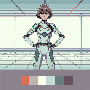 1990s anime screencap, girl a plugsuit, standing with hands on h...
