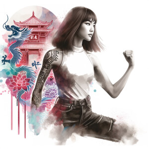 Athletic Thin skinny Attractive, Asian teenage girl, long brown hair and bangs, wearing tight skinny jeans and a halter top paint marks on her clothing, heroic pose Asian graffiti background, side view