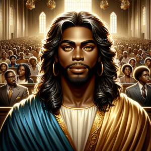Illustrate an inspiring African-American Jesus crust with a dign...