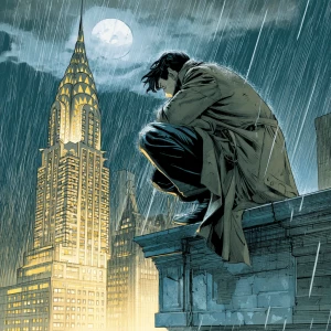 Manga-style noir detective crouched on a rain-slicked Art Deco g...