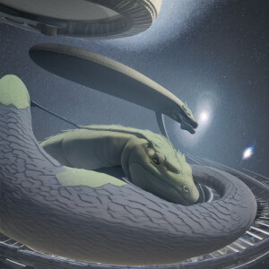"3D realistic scene of a full-size komodo dragon sitting on a sp...