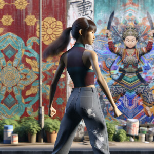 Athletic Thin skinny Attractive, Asian teenage girl, long brown hair and bangs, wearing tight skinny jeans and a halter top paint marks on her clothing, heroic pose Asian graffiti background, backside view